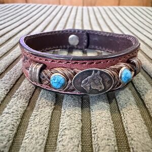 Western Tooled Leather Horsehair Bracelet Turquoise Horse Head Silver Tone Cuff